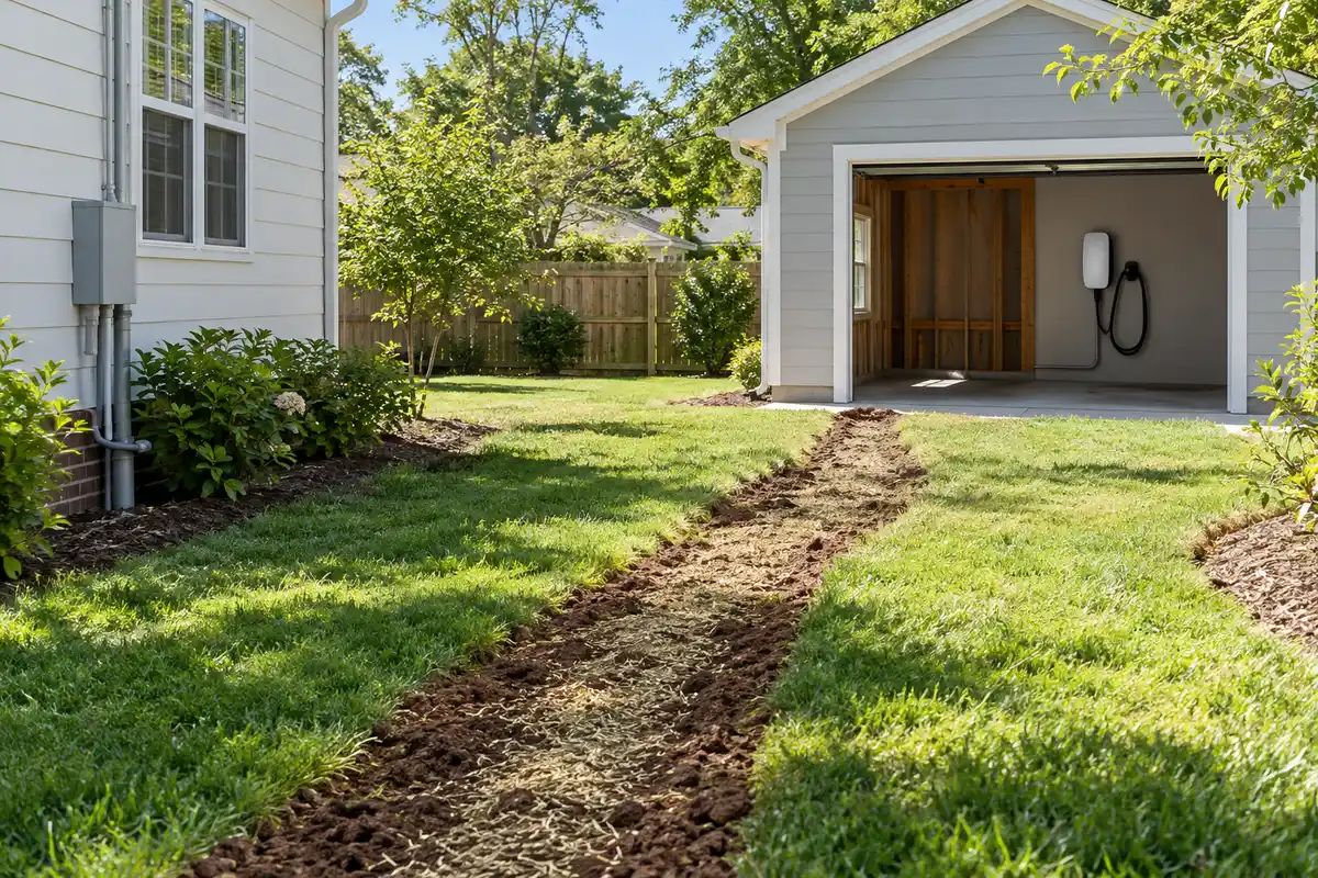 Detached garage with an EV charger on the wall and a fresh trench across the lawn from the house