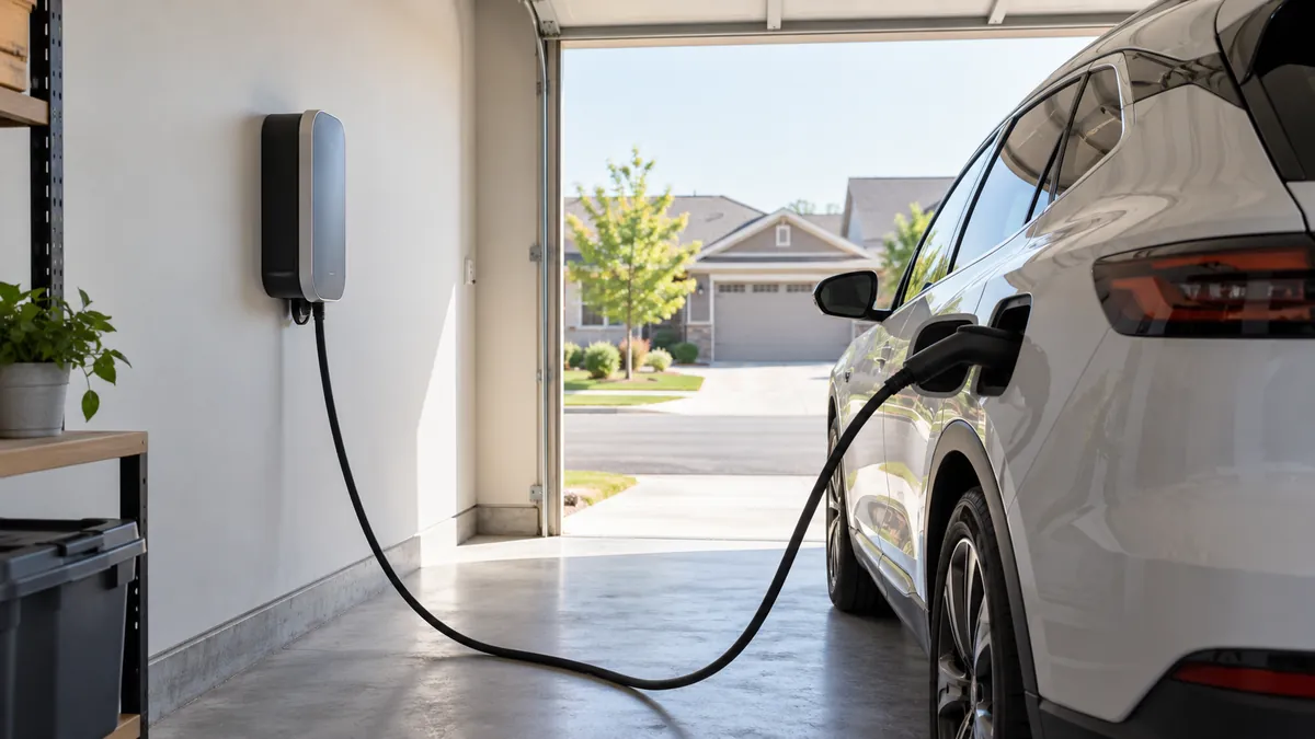 Level 2 EV charger mounted on a garage wall, plugged into a white electric SUV